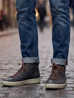 Ecco Grey Leather High-Top Sneakers